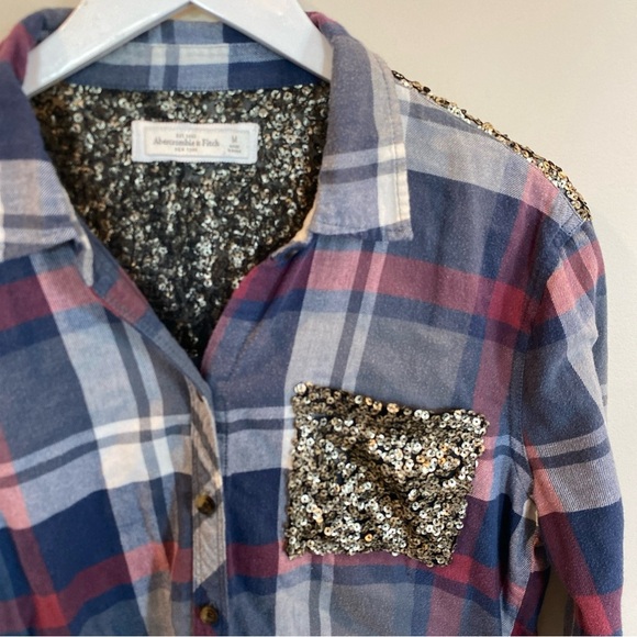 Abercrombie & Fitch Plaid Sequins Button Down Long Sleeve Womens Medium - Picture 2 of 6
